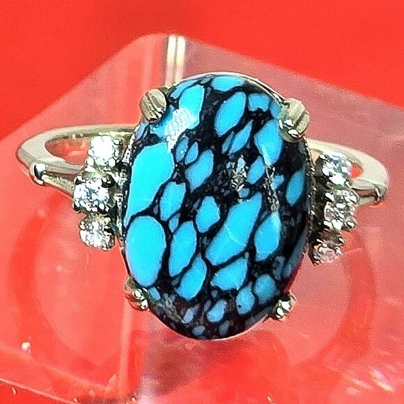 925 Sterling Silver Ring SZ 6.5 with Natural Turquoise   & CZ - Picture 5 of 14